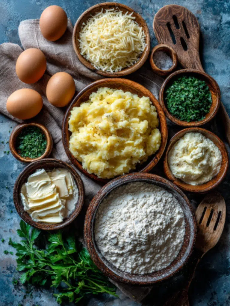 Flat lay of ingredients for crispy potato cheese balls including mashed potatoes, mozzarella, Parmesan, breadcrumbs, egg, flour, and parsley on a marble counter in soft daylight.