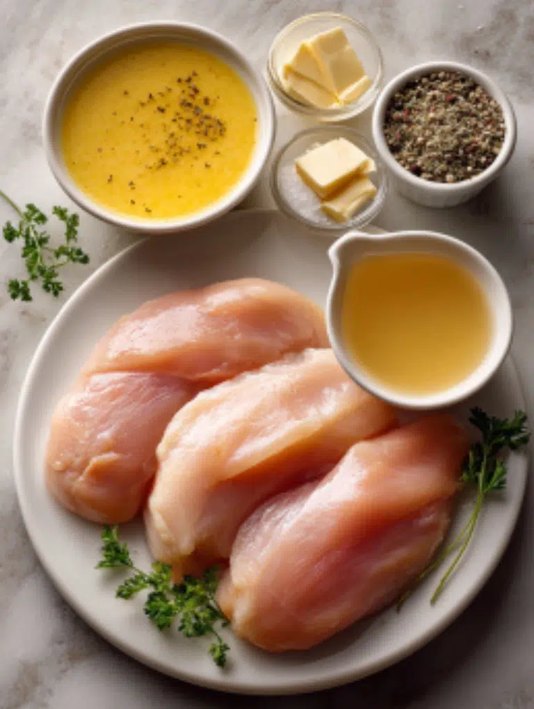 Flat lay of ingredients for crockpot chicken and gravy including chicken breasts, gravy mix packets, cream of chicken soup, and parsley.