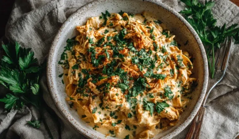 Top-down view of creamy crockpot chicken and gravy served neatly in a white bowl with parsley garnish on a wooden table.