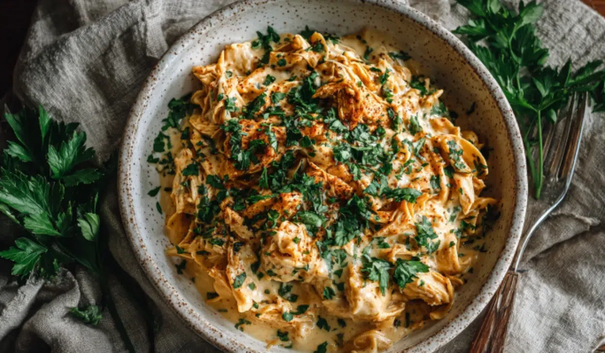 Top-down view of creamy crockpot chicken and gravy served neatly in a white bowl with parsley garnish on a wooden table.