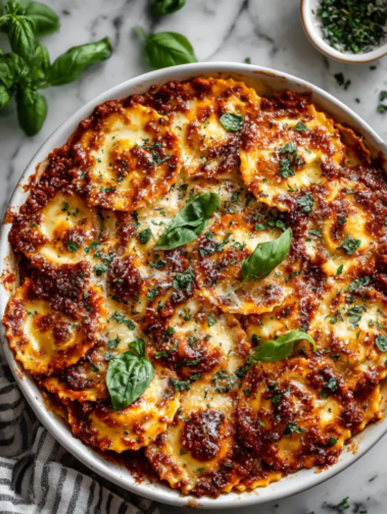 A serving of crockpot ravioli lasagna on a white plate, topped with melted cheese and basil, with garlic bread and salad on the side.