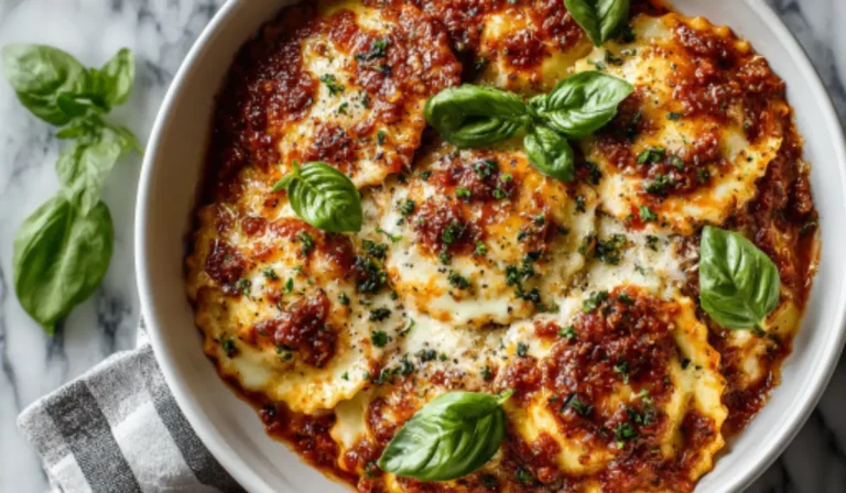 Overhead view of crockpot ravioli lasagna neatly arranged in a white bowl with melted mozzarella, rich tomato sauce, and fresh basil garnish.