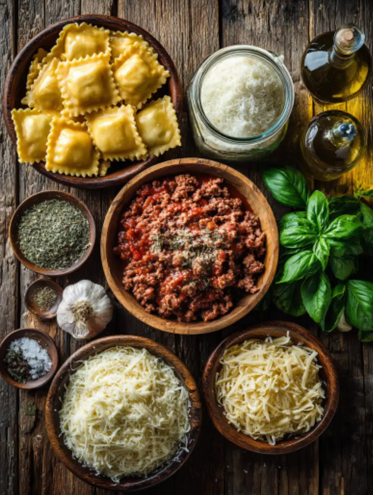 Flat lay of crockpot ravioli lasagna ingredients including ground beef, frozen cheese ravioli, marinara sauce, mozzarella, parmesan, and Italian herbs on a wooden surface.