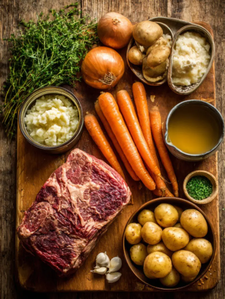 Flat lay of crockpot roast ingredients including chuck roast, carrots, potatoes, onions, garlic, soup cans, and onion mix on a rustic wooden surface.