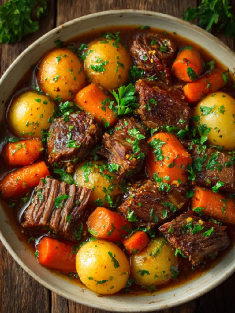 Plate of tender crockpot roast with gravy, carrots, and potatoes garnished with fresh parsley on a rustic table.