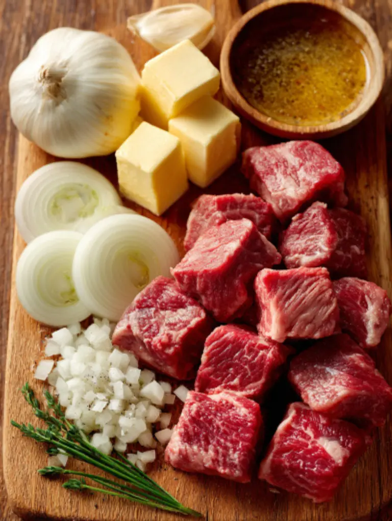 Flat lay of raw chuck roast cubes, sliced onions, minced garlic, butter cubes, and au jus seasoning neatly arranged on a wooden board.