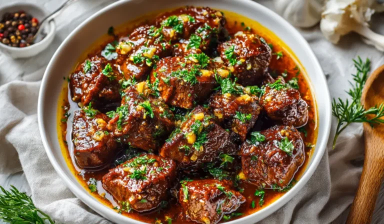 Overhead shot of garlic butter crockpot steak bites neatly arranged in a white bowl, garnished with parsley and surrounded by rustic table elements.