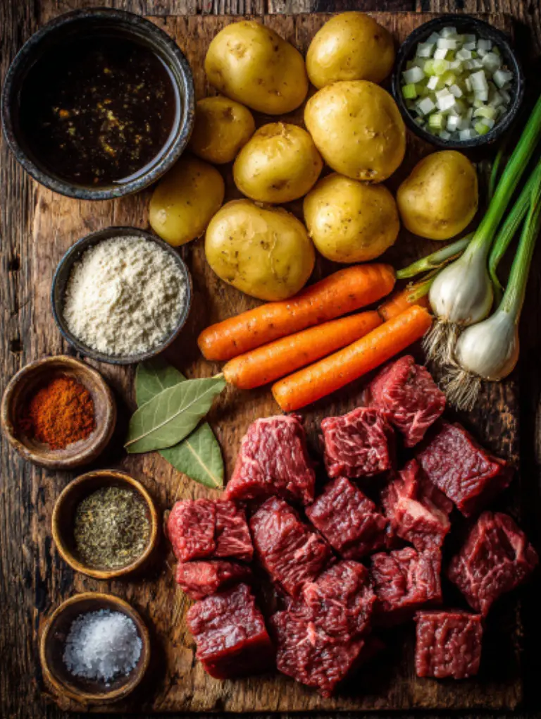Flat-lay of crockpot beef stew ingredients including cubed beef, carrots, potatoes, celery, onion, garlic, bay leaf, paprika, and broth on a rustic wooden background.