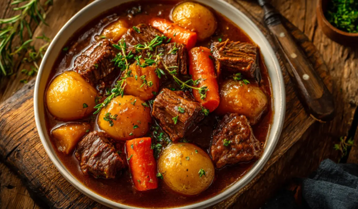Overhead shot of hearty crockpot beef stew served in a white bowl, filled with tender beef, carrots, and potatoes in rich gravy on a rustic wooden table.