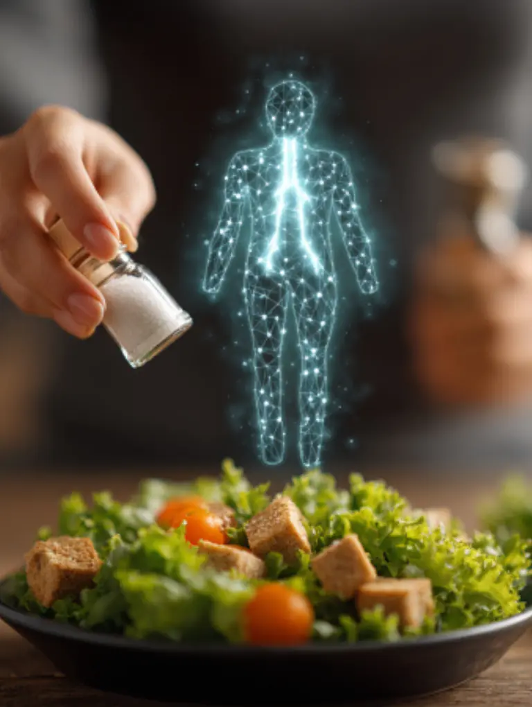 Woman sprinkling iodized sea salt on a fresh salad as a visual cue for thyroid-supportive eating based on Dr Gundry’s nutrition advice.