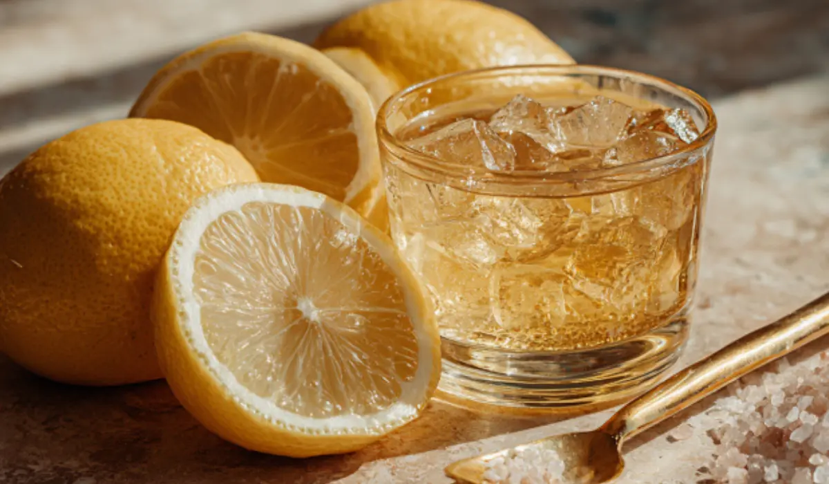 A glass cup of golden gelatin with lemon slices and sea salt on a marble counter, representing Dr. Mark Hyman’s gelatin trick recipe for hunger control.