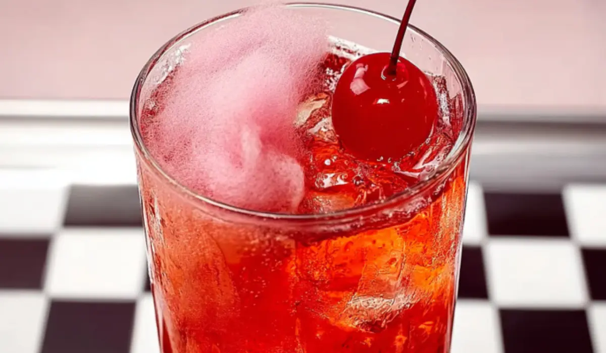 Fluffy Shirley Temple mocktail with pink cotton candy cloud melting into fizzy cherry soda in a tall glass on marble counter.