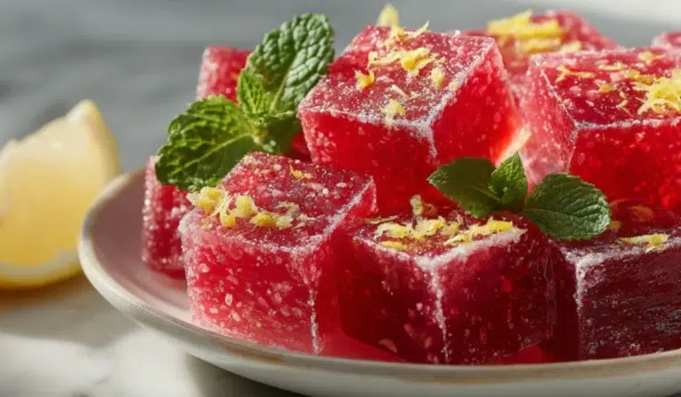 Bright photo of strawberry gelatin cubes with lemon zest and mint leaves on a marble plate, a healthy high-protein dessert for weight loss.