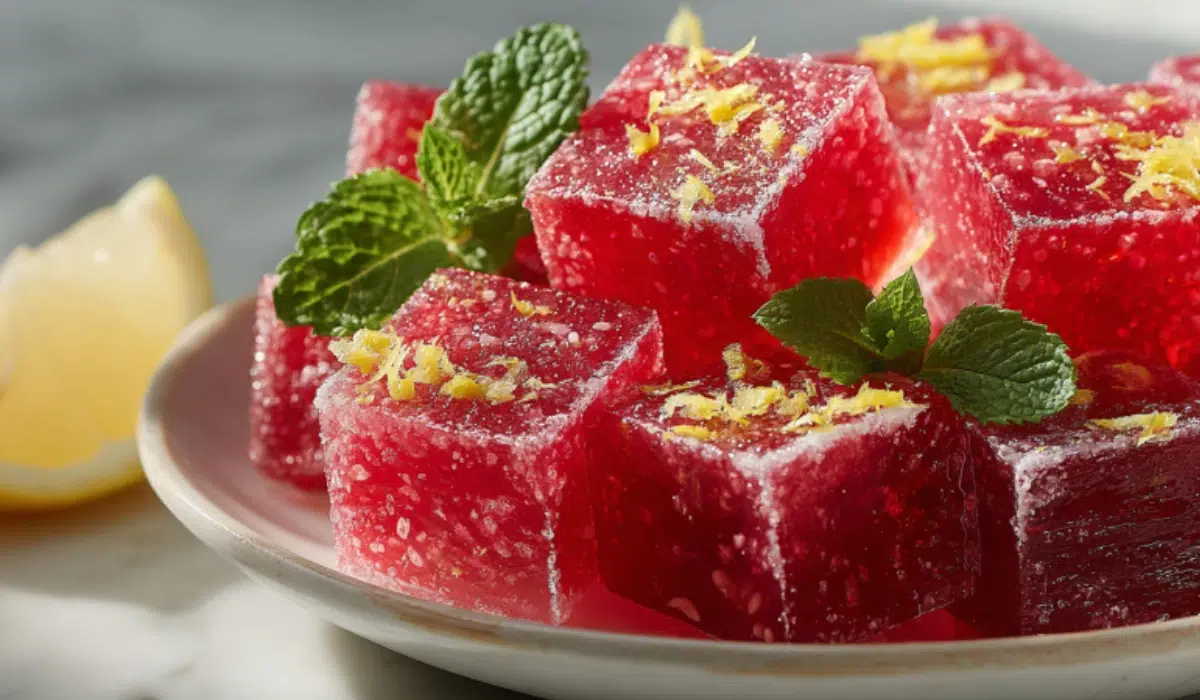 Bright photo of strawberry gelatin cubes with lemon zest and mint leaves on a marble plate, a healthy high-protein dessert for weight loss.