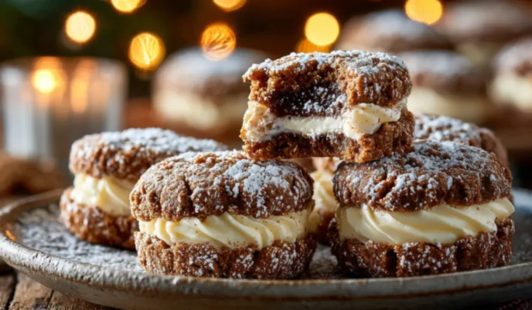 Festive plate of gingerbread cheesecake cookies with creamy centers, dusted with powdered sugar and glowing Christmas lights in the background.