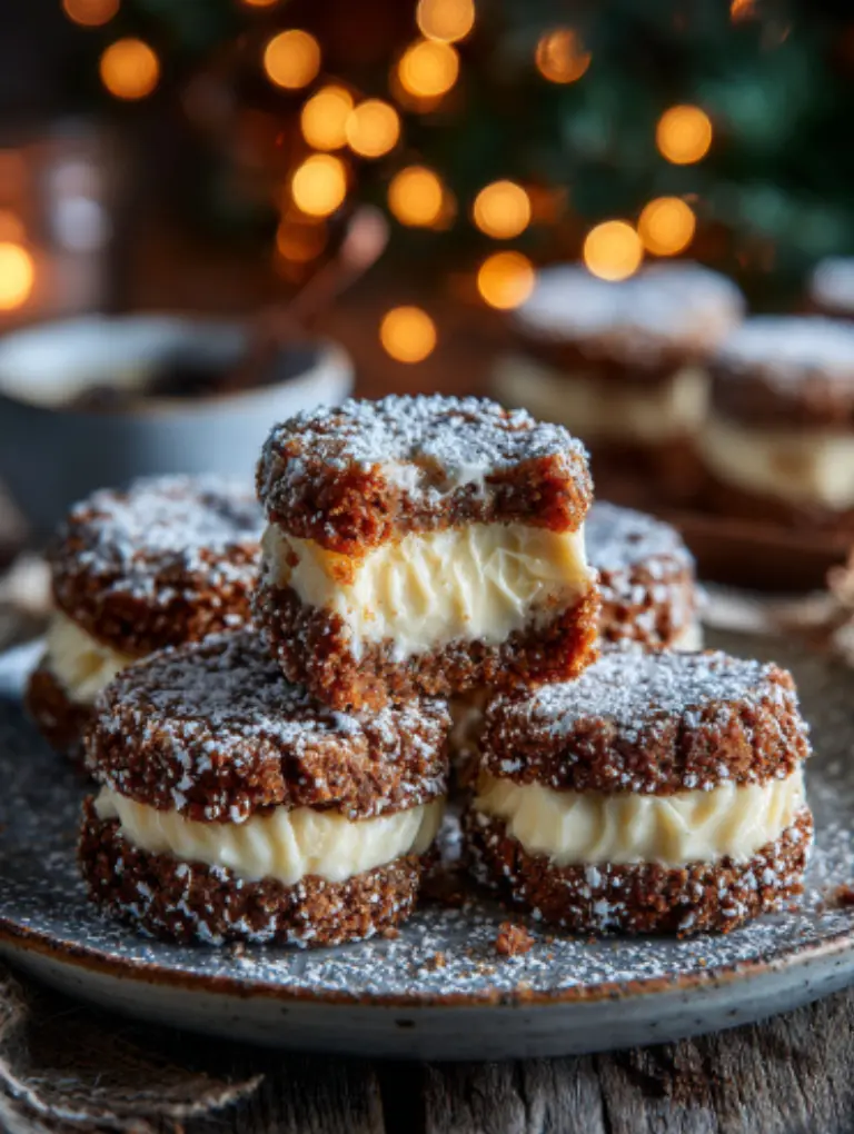 Holiday cookie tray filled with gingerbread cheesecake cookies, dusted with powdered sugar and served with mugs of hot cocoa surrounded by festive decorations.