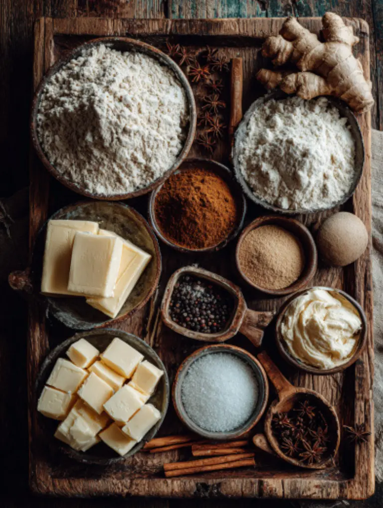 Flat lay of gingerbread cheesecake cookie ingredients including flour, spices, butter, sugar, cream cheese, and molasses arranged on a wooden surface with measuring spoons.