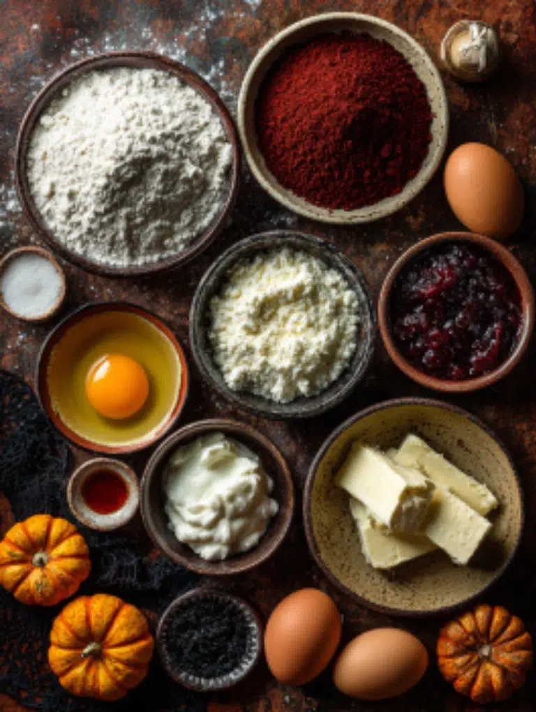 Flat lay of Halloween red velvet cupcake ingredients including flour, cocoa powder, buttermilk, sour cream, eggs, cream cheese, and raspberry jam on a dark rustic surface.