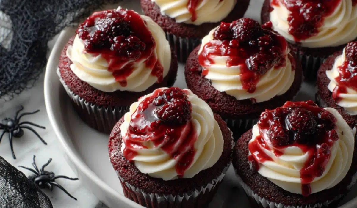 Top view of Halloween Bloody Red Velvet Cupcakes neatly arranged in a white bowl with cream cheese frosting and raspberry blood drizzle.