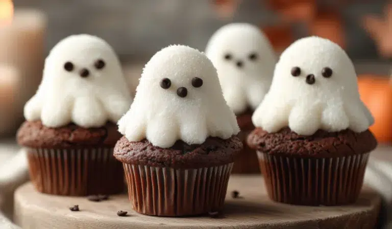 Overhead shot of Halloween ghost cupcakes arranged neatly in a white bowl, topped with fluffy white buttercream ghosts and chocolate chip eyes on a clean white background.