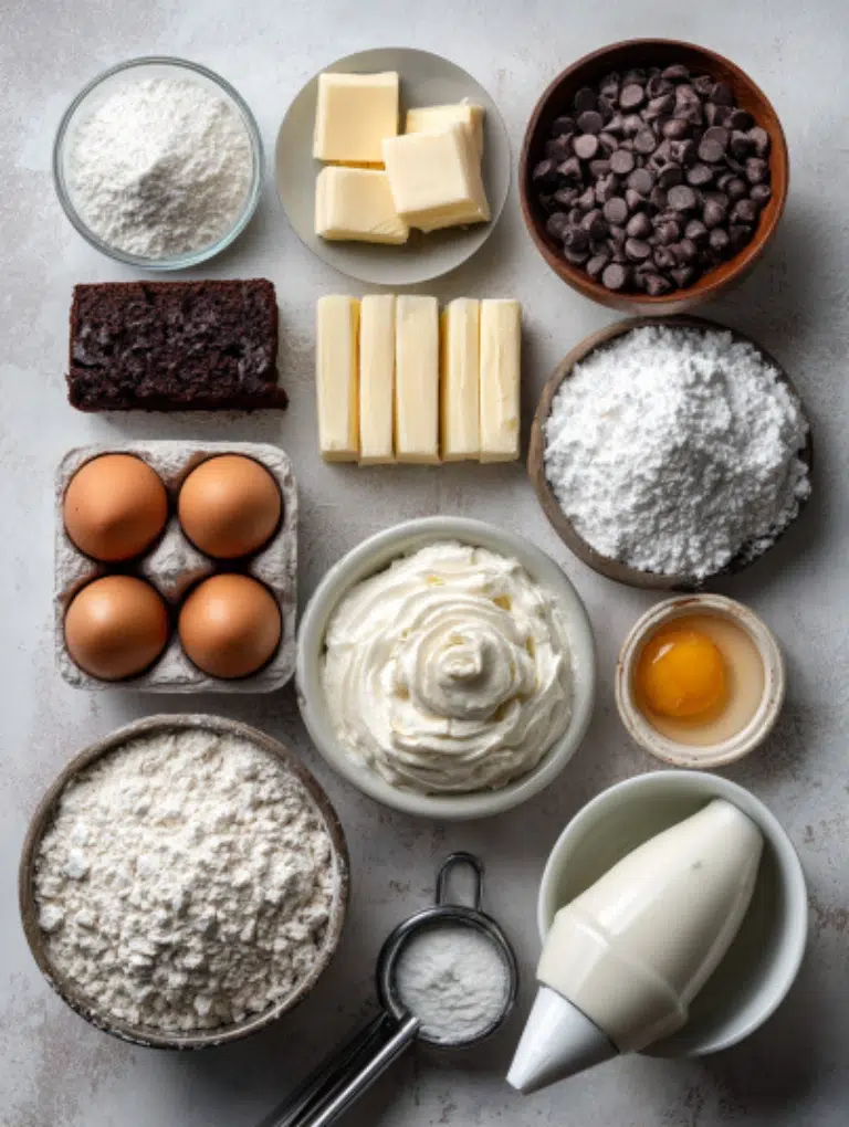 Flat-lay display of Halloween ghost cupcake ingredients cake mix, butter, eggs, powdered sugar, chocolate chips, vanilla extract, and piping tools arranged neatly on a white surface.