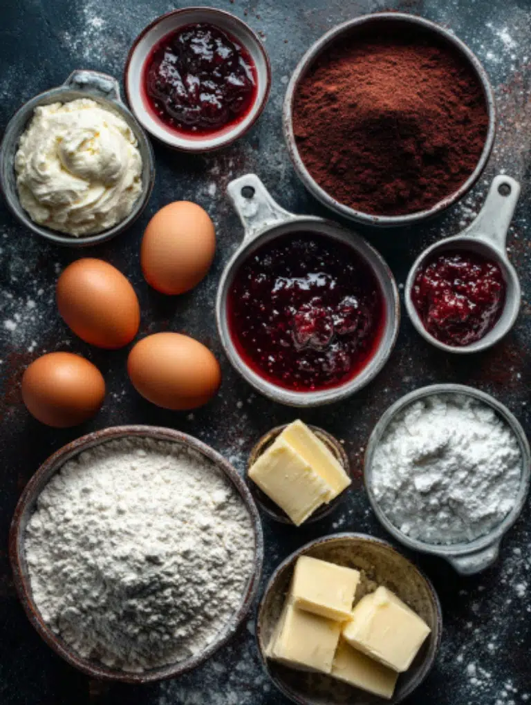 Flat lay of ingredients for Halloween Vampire Bite Cupcakes, including flour, cocoa, buttermilk, eggs, red food coloring, raspberry jam, butter, and cream cheese on a dark background.