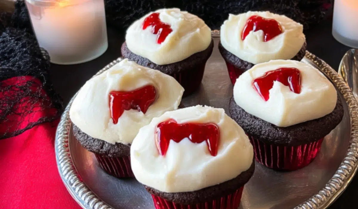 Top-down view of Halloween Vampire Bite Cupcakes arranged neatly in a white bowl, showing white frosting with raspberry “bloody bite” filling and subtle Halloween decorations.