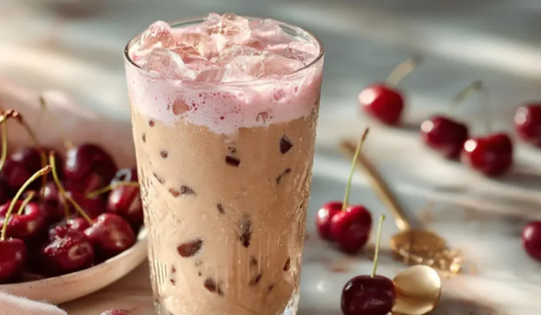 Tall glass of iced cherry chai latte topped with pink cold foam on a marble counter, surrounded by cherries and a gold spoon in soft daylight.