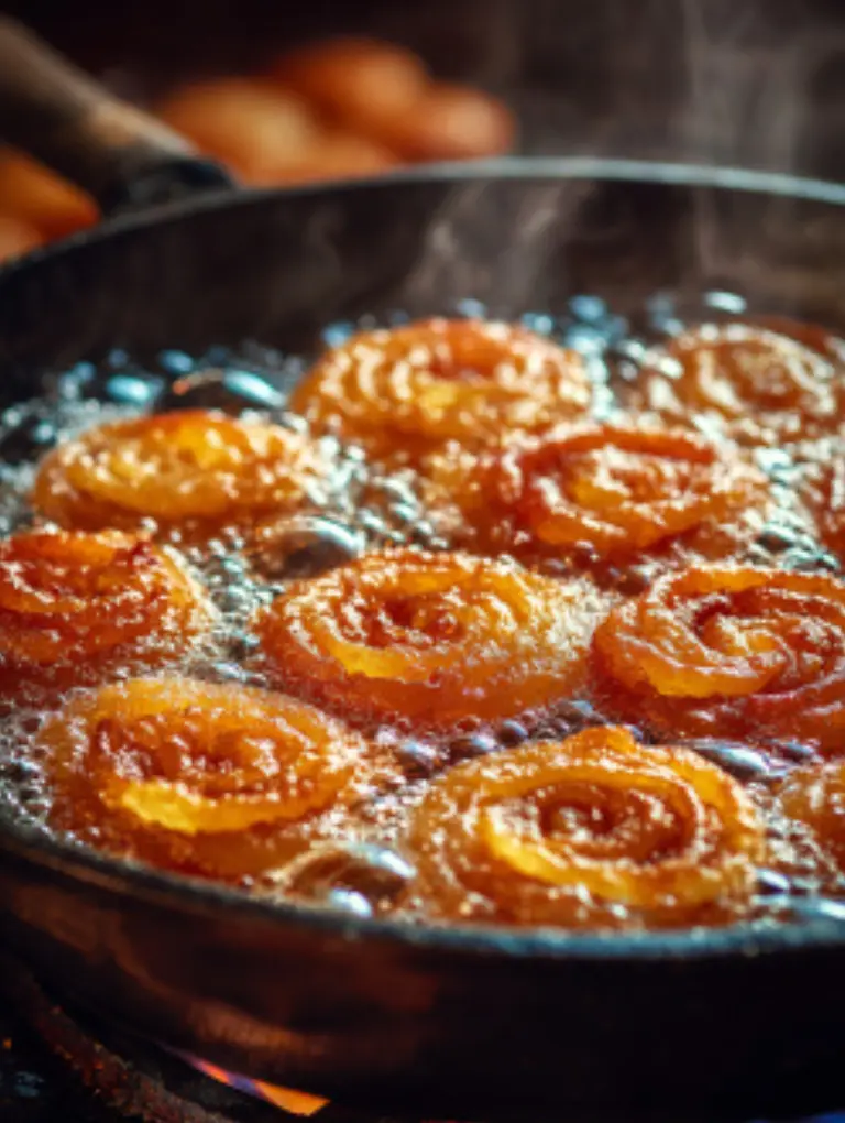 Jalebi spirals frying in hot oil, turning golden and crisp.
