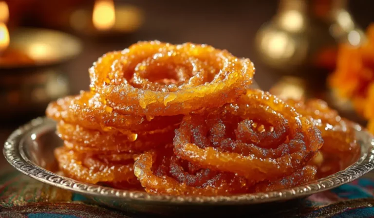 Golden crispy jalebi spirals glistening with saffron syrup on a festive brass plate.
