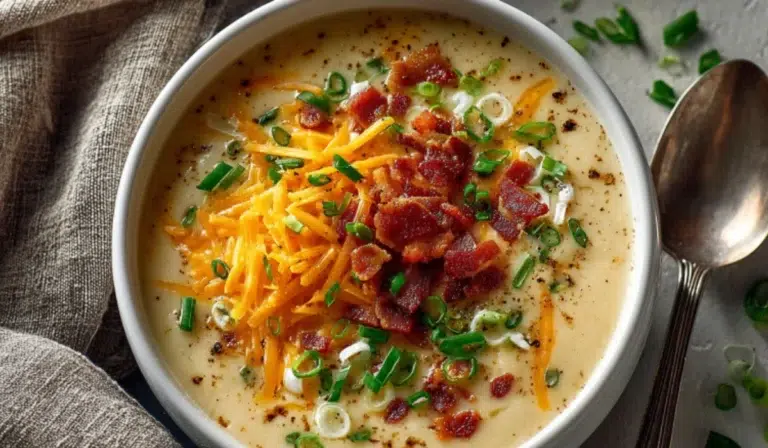 Creamy Instant Pot potato soup served in a white bowl, topped with bacon, cheddar cheese, and green onions, photographed from above on a light background.