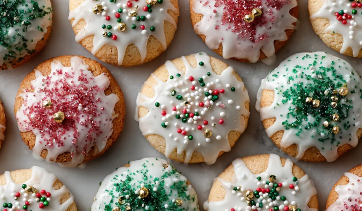 Overhead shot of Italian Christmas cookies with glaze and colorful sprinkles on a plain light background.