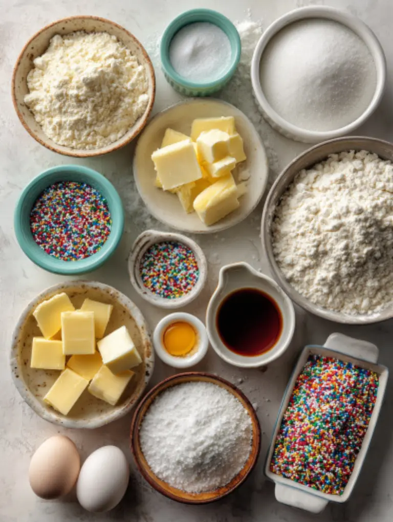 Overhead flat lay of neatly arranged ingredients for Italian Christmas cookies in bowls on a plain light background.