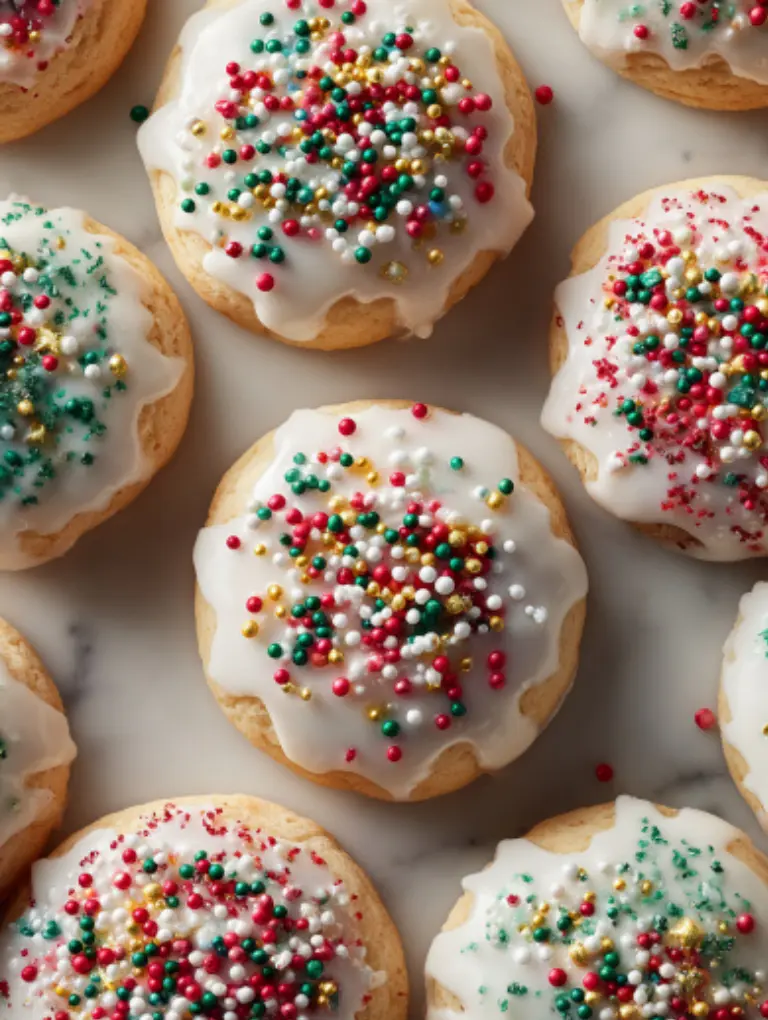 A festive platter of Italian Christmas cookies with glaze and colorful sprinkles, ready to serve with coffee.