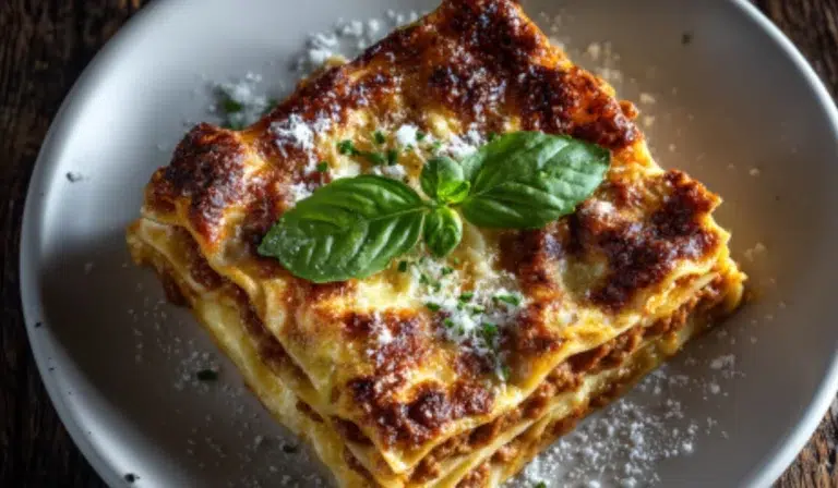 Overhead view of a neatly plated lasagna bolognese in a white bowl with golden cheese topping and basil garnish on a rustic wooden table.