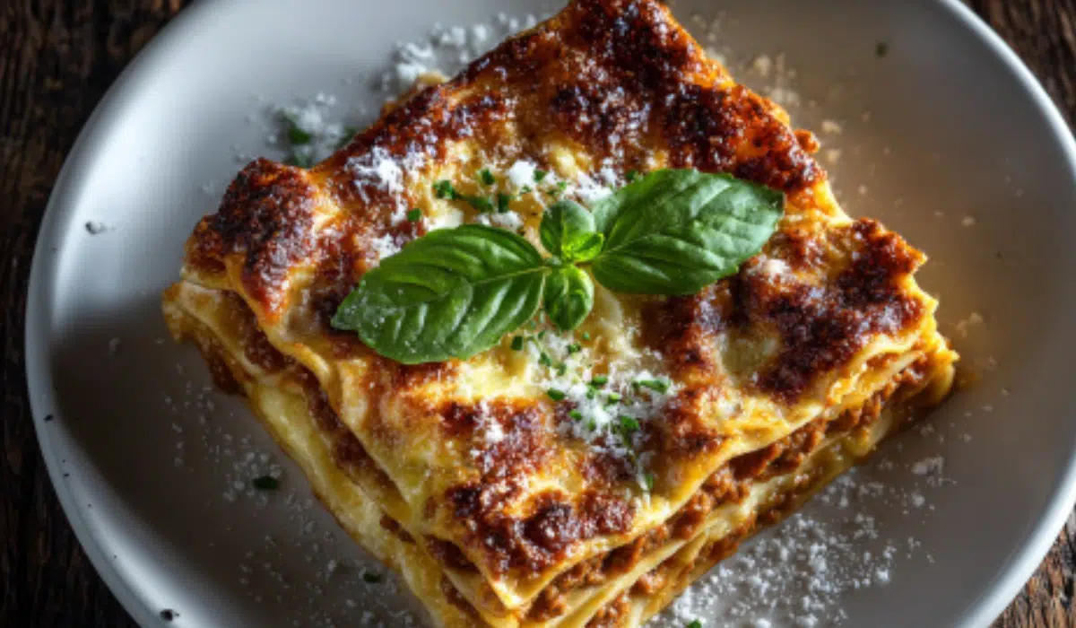 Overhead view of a neatly plated lasagna bolognese in a white bowl with golden cheese topping and basil garnish on a rustic wooden table.