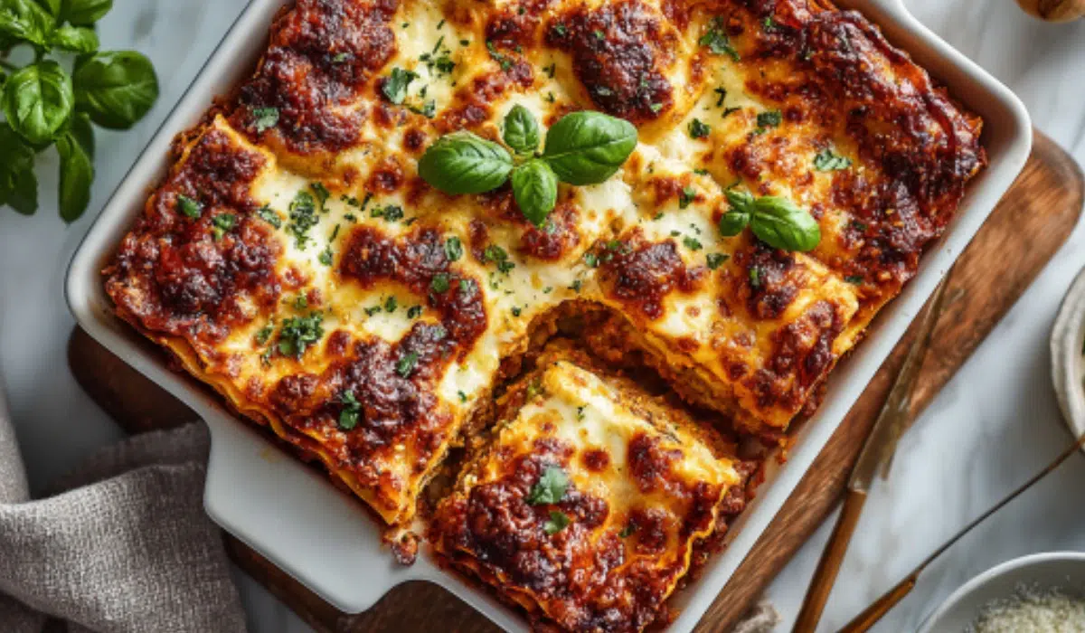 Overhead view of lasagna casserole served in a white bowl with golden melted cheese, basil garnish, and neat layers of pasta and meat sauce.