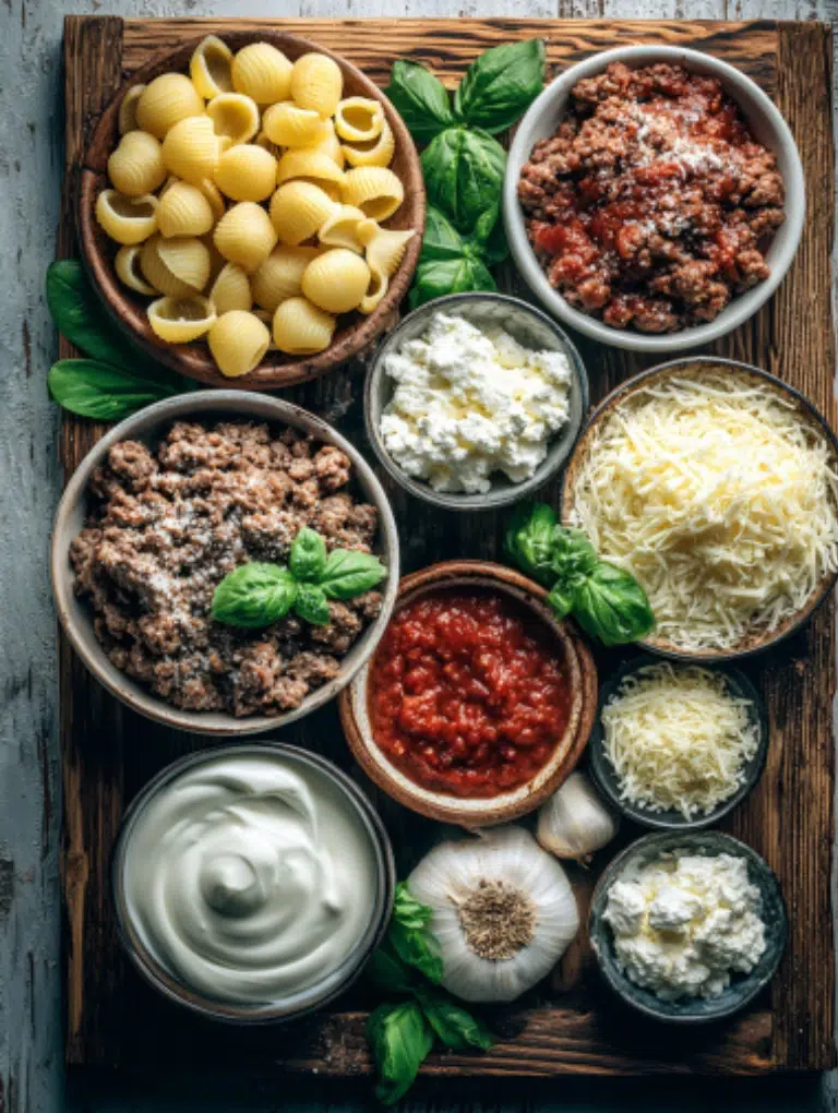 Flat lay of lasagna casserole ingredients including pasta shells, ground beef, Italian sausage, marinara sauce, ricotta, mozzarella, and fresh basil on a wooden board.