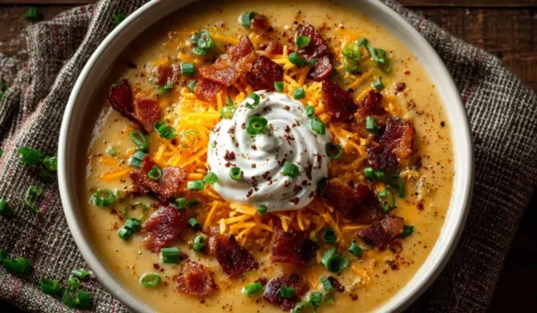 Top-down view of creamy loaded potato soup in a white bowl topped with crispy bacon, melted cheddar, sour cream, and green onions.