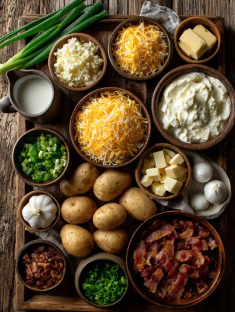 Flat lay of ingredients for loaded potato soup including russet potatoes, cheddar cheese, bacon, sour cream, butter, milk, onions, garlic, and green onions on a wooden table.