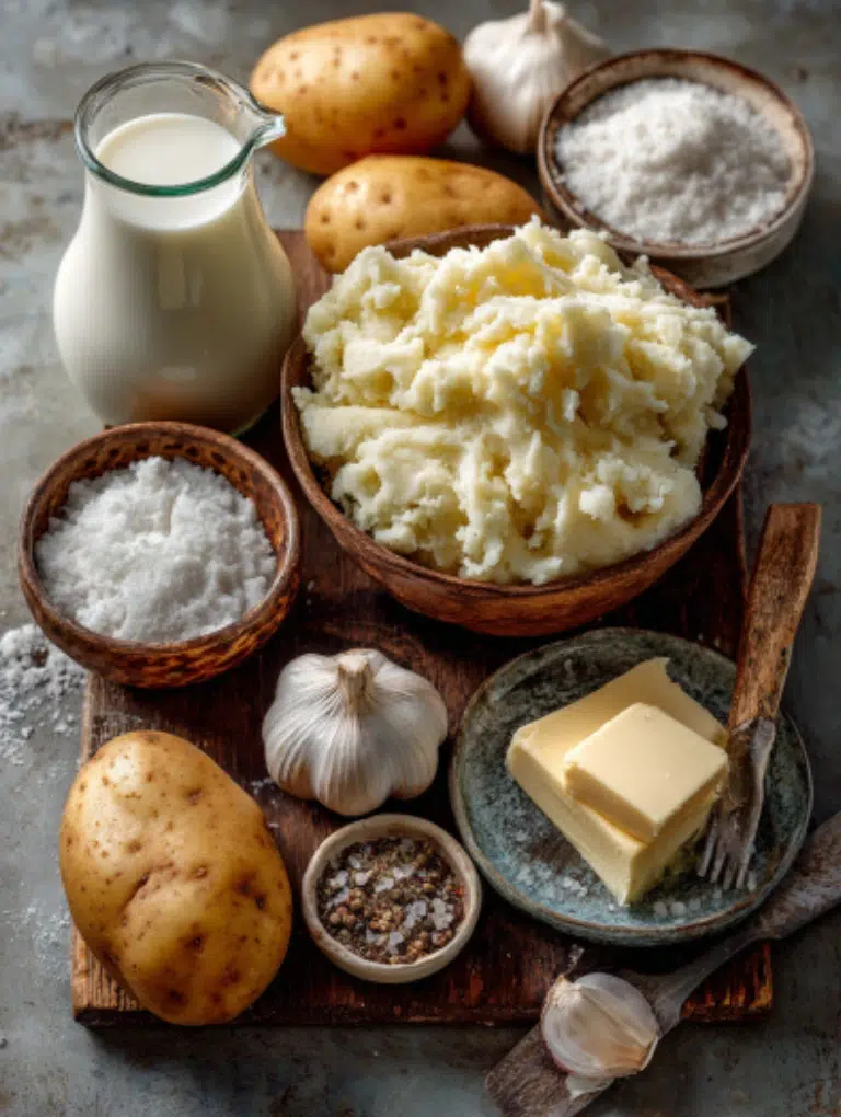 Flat lay of Yukon Gold potatoes, butter, milk, garlic, salt, and pepper arranged neatly on a marble countertop in soft daylight.