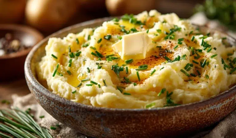 Creamy mashed potatoes in a white bowl topped with melting butter and chives on a rustic wooden table in warm natural light.