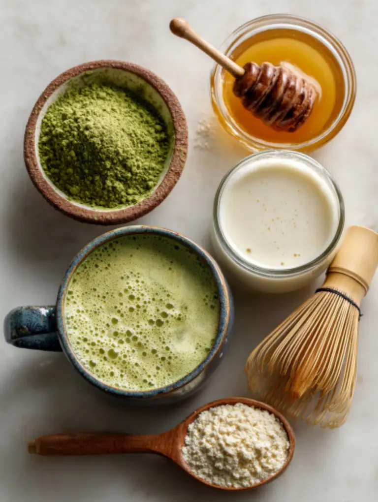 Flatlay of matcha collagen latte ingredients matcha powder, collagen peptides, milk, and honey on a marble surface.