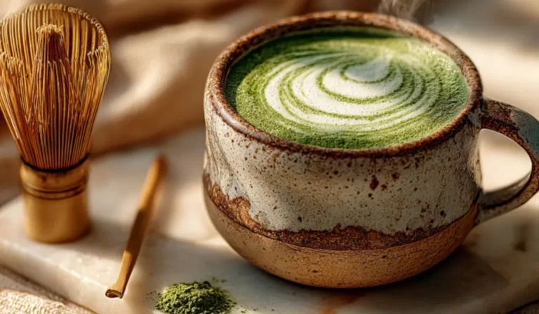 Frothy matcha collagen latte in a ceramic mug on a marble countertop with bamboo whisk and soft morning light.