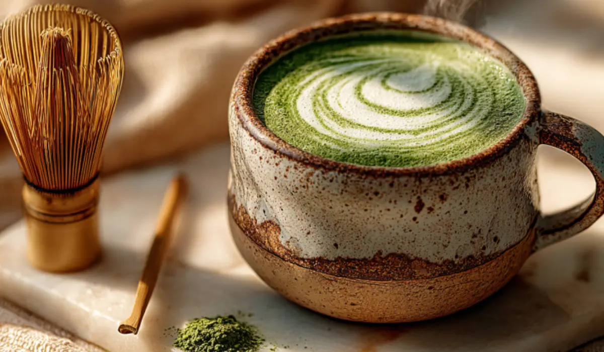 Frothy matcha collagen latte in a ceramic mug on a marble countertop with bamboo whisk and soft morning light.