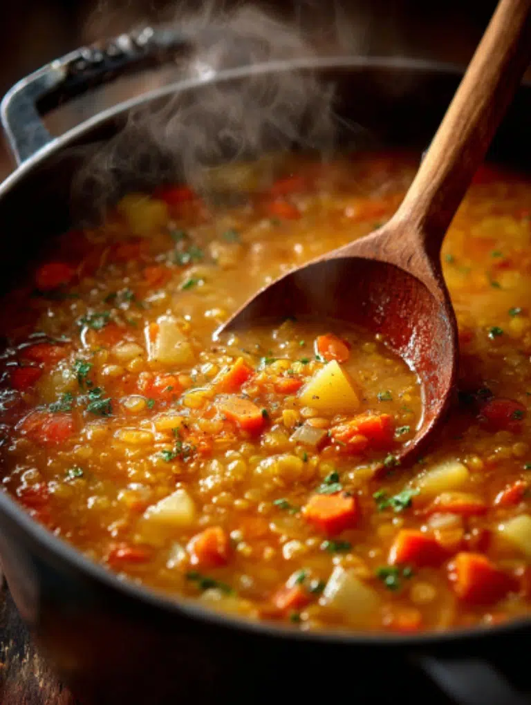 Pot of Mexican lentil soup simmering with carrots, potatoes, and lentils in a golden tomato broth.