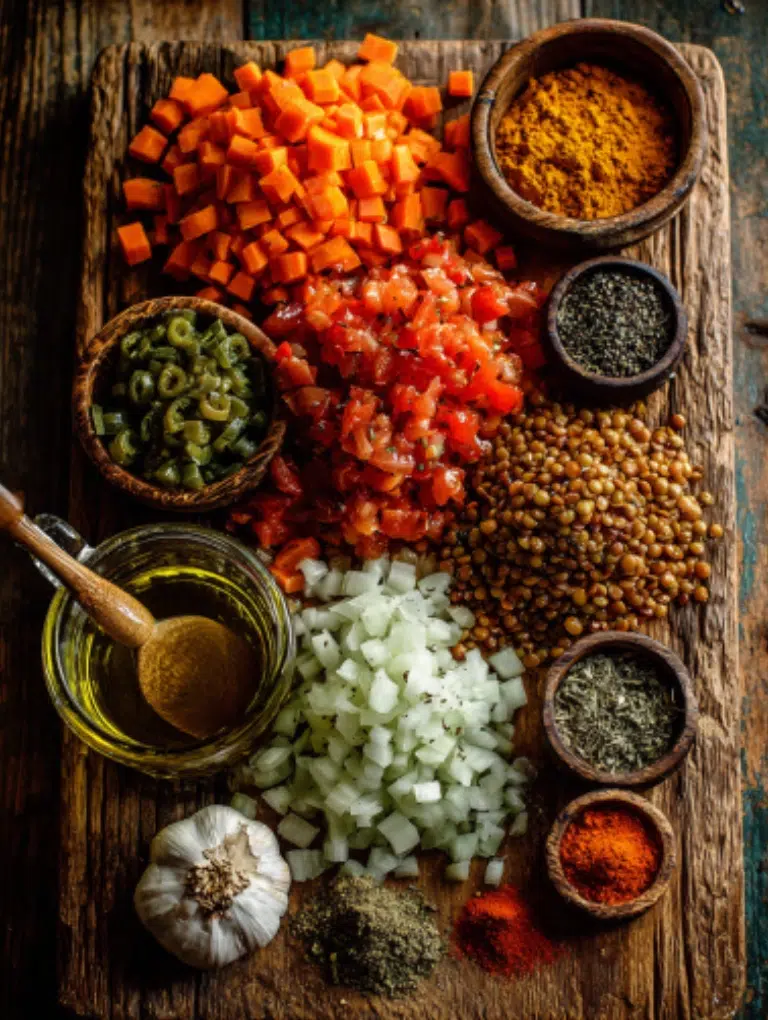 Fresh Mexican lentil soup ingredients including diced carrots, onions, tomatoes, jalapeño, garlic, and lentils arranged on a wooden cutting board.