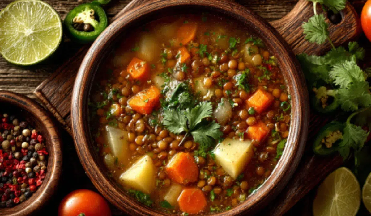 Rustic bowl of Mexican lentil soup with carrots, potatoes, cilantro, and lime on a wooden table in warm natural light.