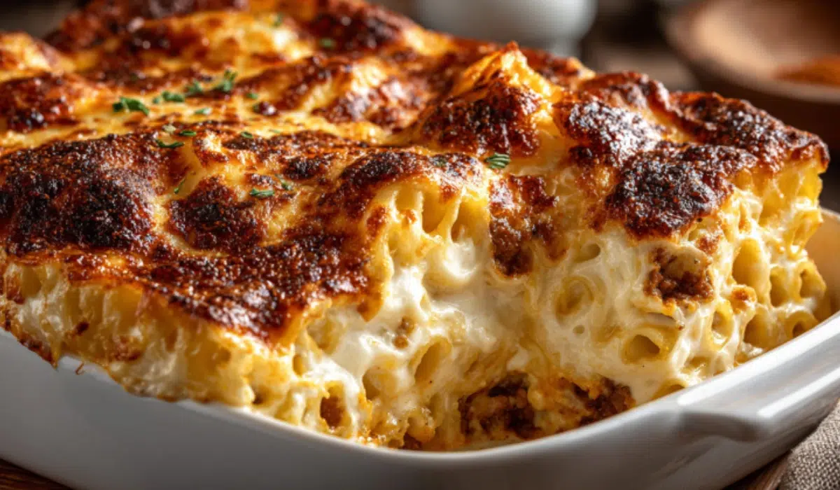 Creamy pasta béchamel served neatly in a white bowl with golden cheesy crust, photographed from above on a clean background.