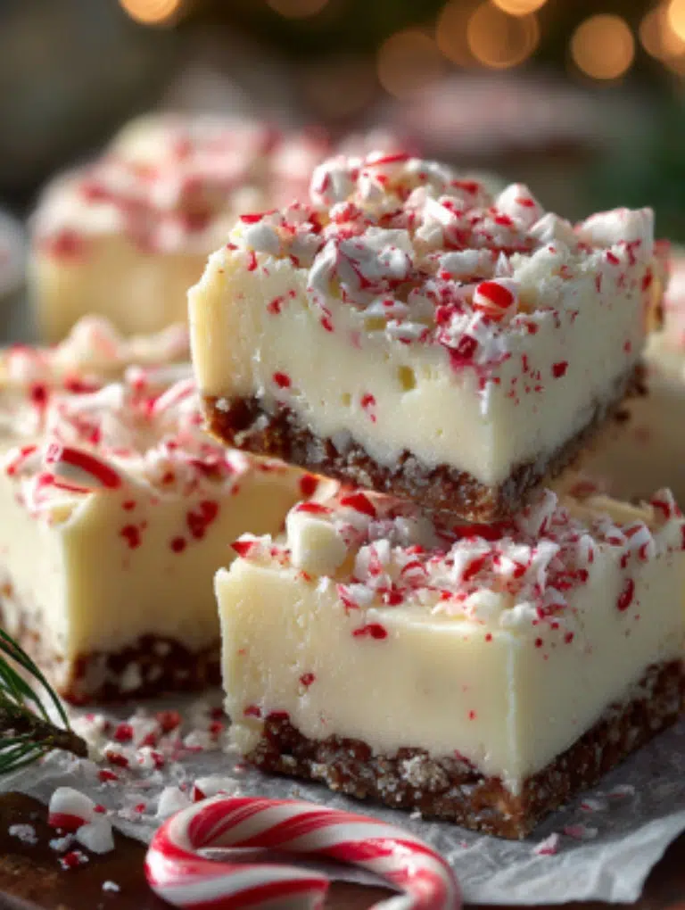 Peppermint fudge squares wrapped in parchment and tied with red ribbons in a small holiday gift box.